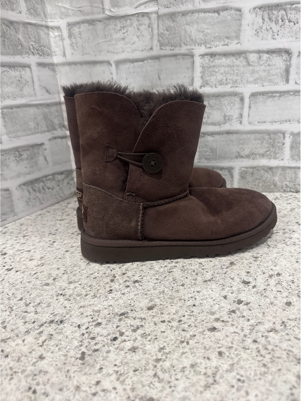 UGG Women's Brown Suede Shearling Button Short Boots, Size 4 - Picture 2 of 6